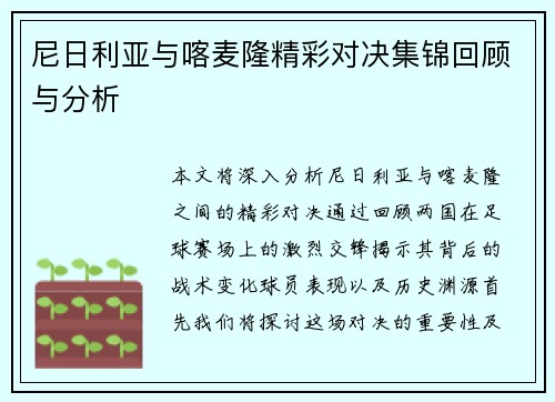 尼日利亚与喀麦隆精彩对决集锦回顾与分析